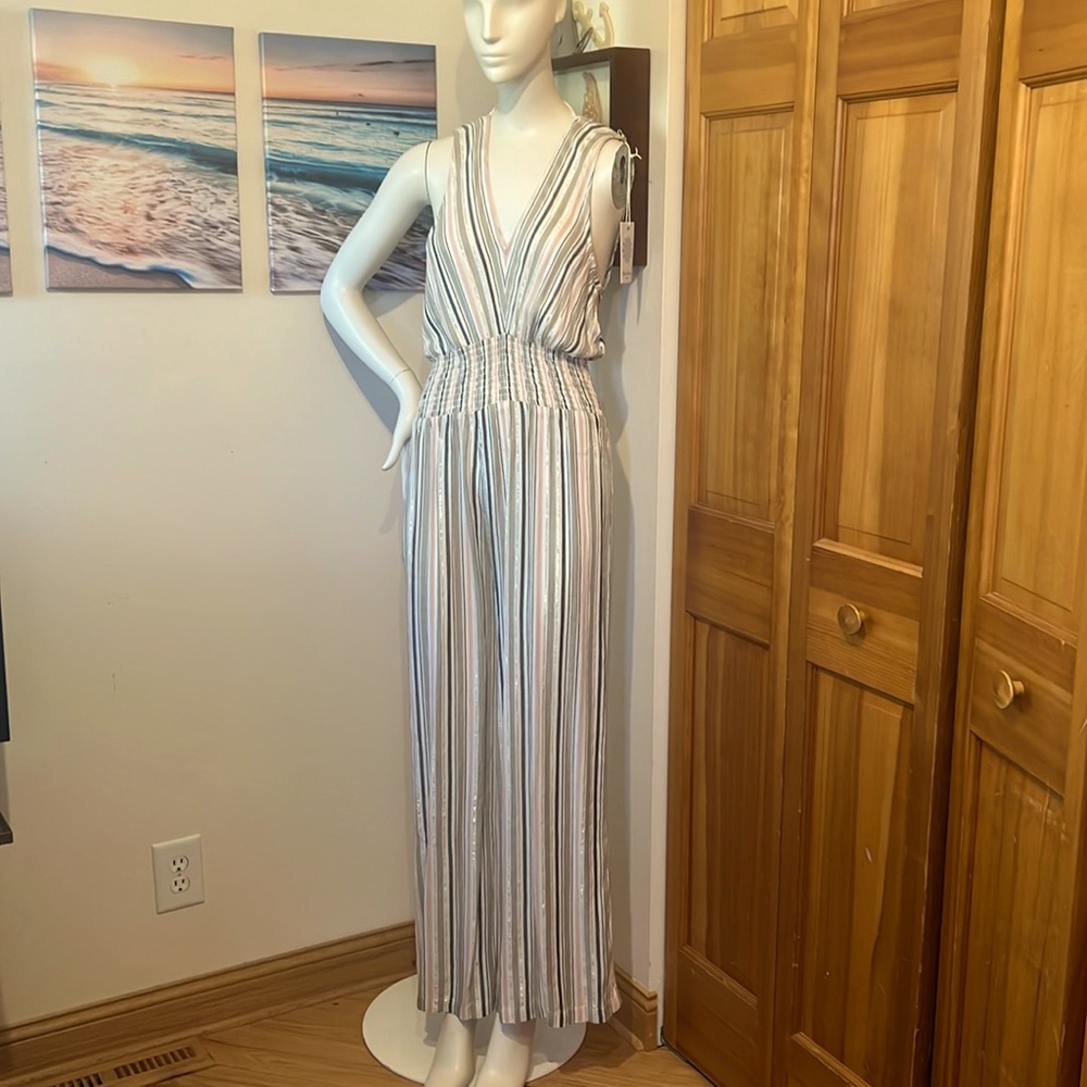 Blue Island romper jumpsuit with metallic accented stripes and gathered …